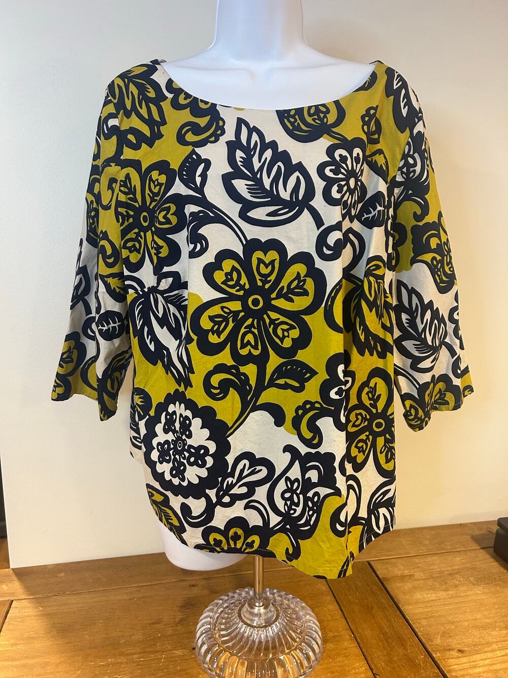 Boden 16 Boat Neck Top Bold Mustard Yellow Navy Blue Floral 3/4 Sleeve Statement